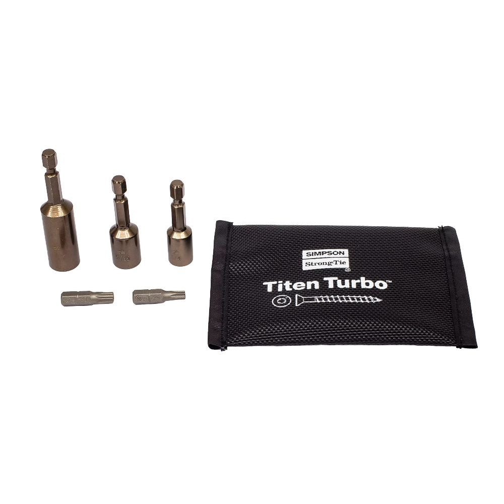 Three socket adapters, two screwdriver bits, and a black carrying case labeled Titan Turbo Install Kit by Simpson Strong-Tie® are displayed on a white background.