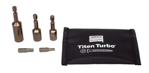 Three socket adapters, two screwdriver bits, and a black carrying case labeled Titan Turbo Install Kit by Simpson Strong-Tie® are displayed on a white background.