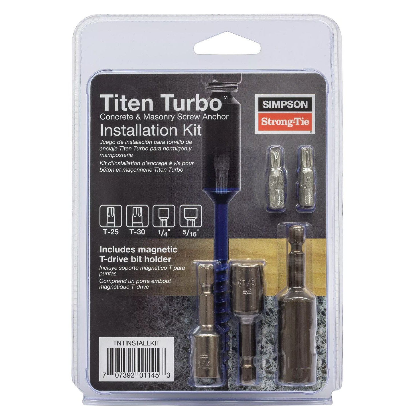 Titan Turbo Install Kit by Simpson Strong-Tie® in plastic packaging includes a blue drill bit, magnetic bit holder, and metal bits for concrete and masonry anchoring.