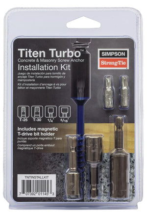 Titan Turbo Install Kit by Simpson Strong-Tie® in plastic packaging includes a blue drill bit, magnetic bit holder, and metal bits for concrete and masonry anchoring.