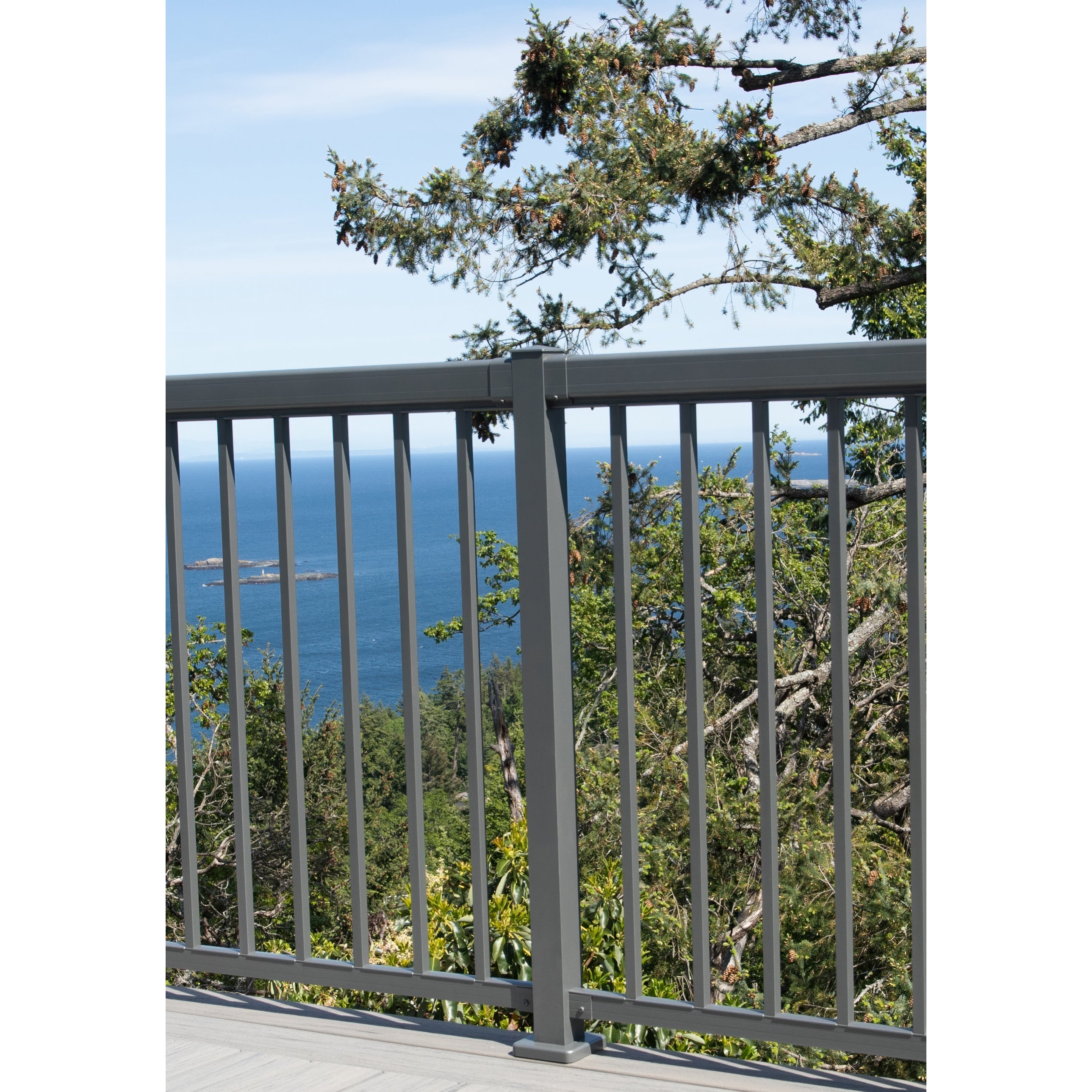 A Regal Rail 10' Straight Pickets, Titanium Slate (FOR 42") Aluminum Railing System by Regal Rail is installed on a balcony overlooking green trees and the blue ocean, while a tree branch extends into the view beneath a clear sky.