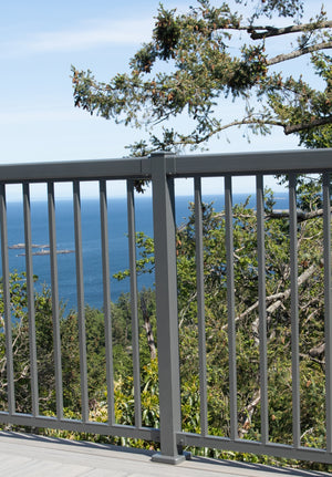 A Regal Rail 10' Straight Pickets, Titanium Slate (FOR 42") Aluminum Railing System by Regal Rail is installed on a balcony overlooking green trees and the blue ocean, while a tree branch extends into the view beneath a clear sky.