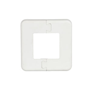 The Regal Rail Urban Rail Base Plate Cover, Textured White, is a square plastic wall plate with a central rectangular opening and interlocking edges, designed to complement aluminum railings and boost corrosion resistance. Photographed on a plain white background.