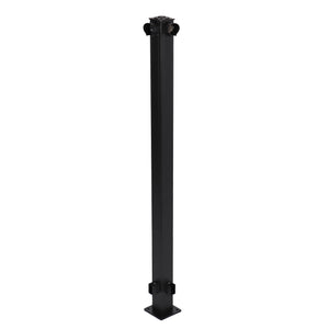 The Regal Rail Urban Rail Corner Post, Textured Black, features a tall, textured black metal design with a square base and mounting brackets at both ends—ideal for supporting aluminum railing or other structures.