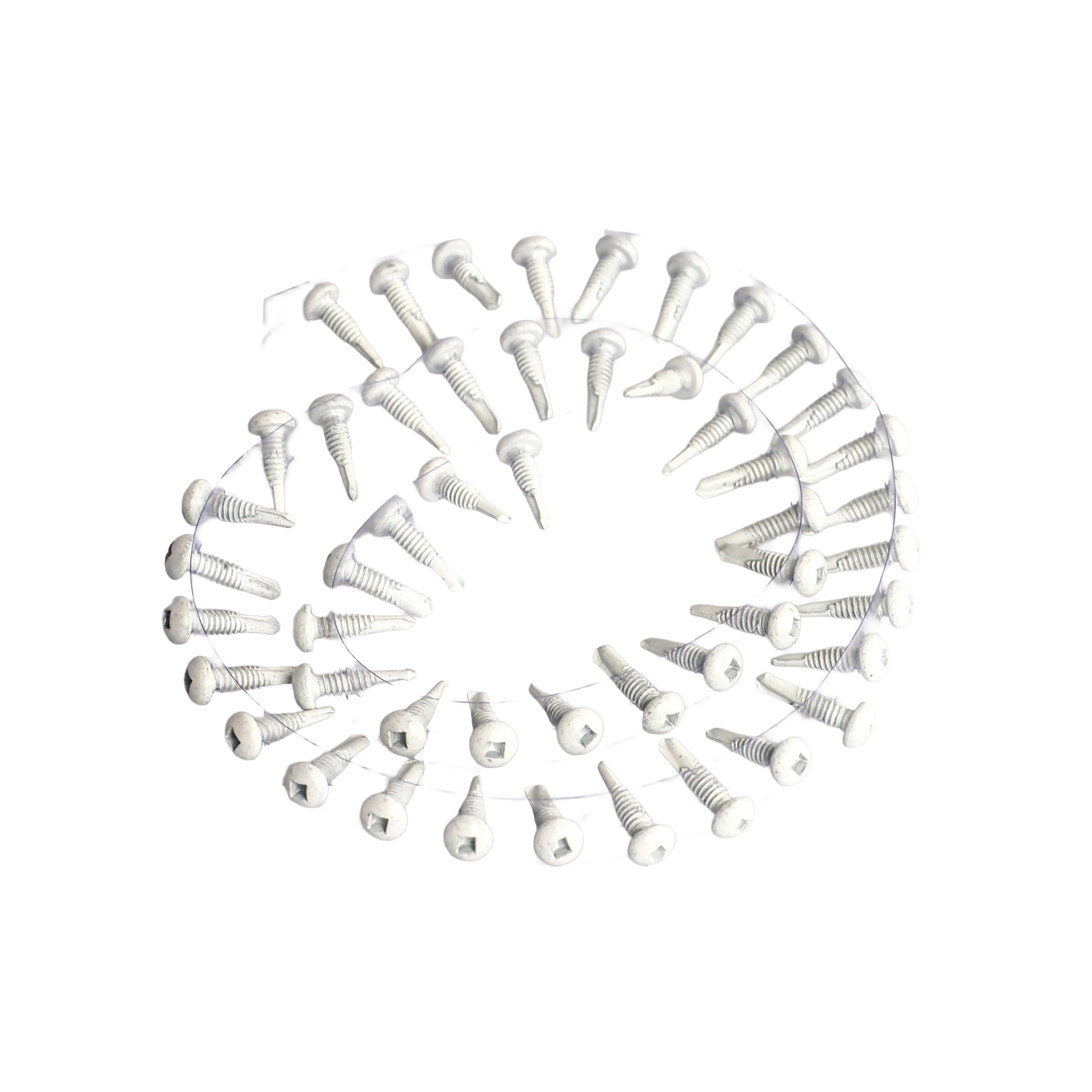 A spiral of Regal Rail Urban Rail Self Drilling Screws, Textured White (50 Pieces), with hex heads and threaded shafts, displayed on white—ideal for Urban Rail Aluminum Railing installations.