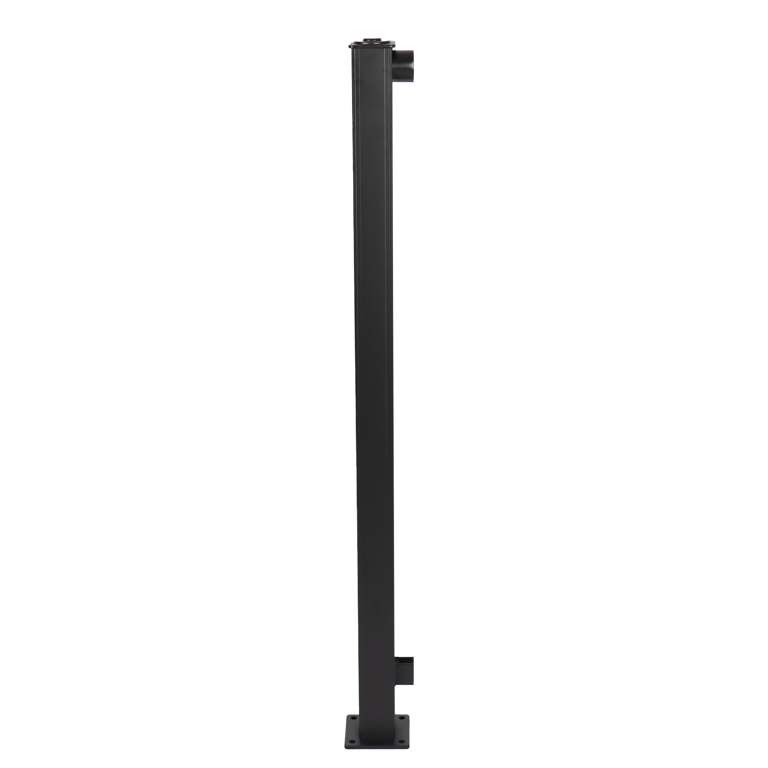 A Regal Rail Urban Rail End Post in Textured Black, with a rectangular base and mounting brackets, is shown from the side against a white background.