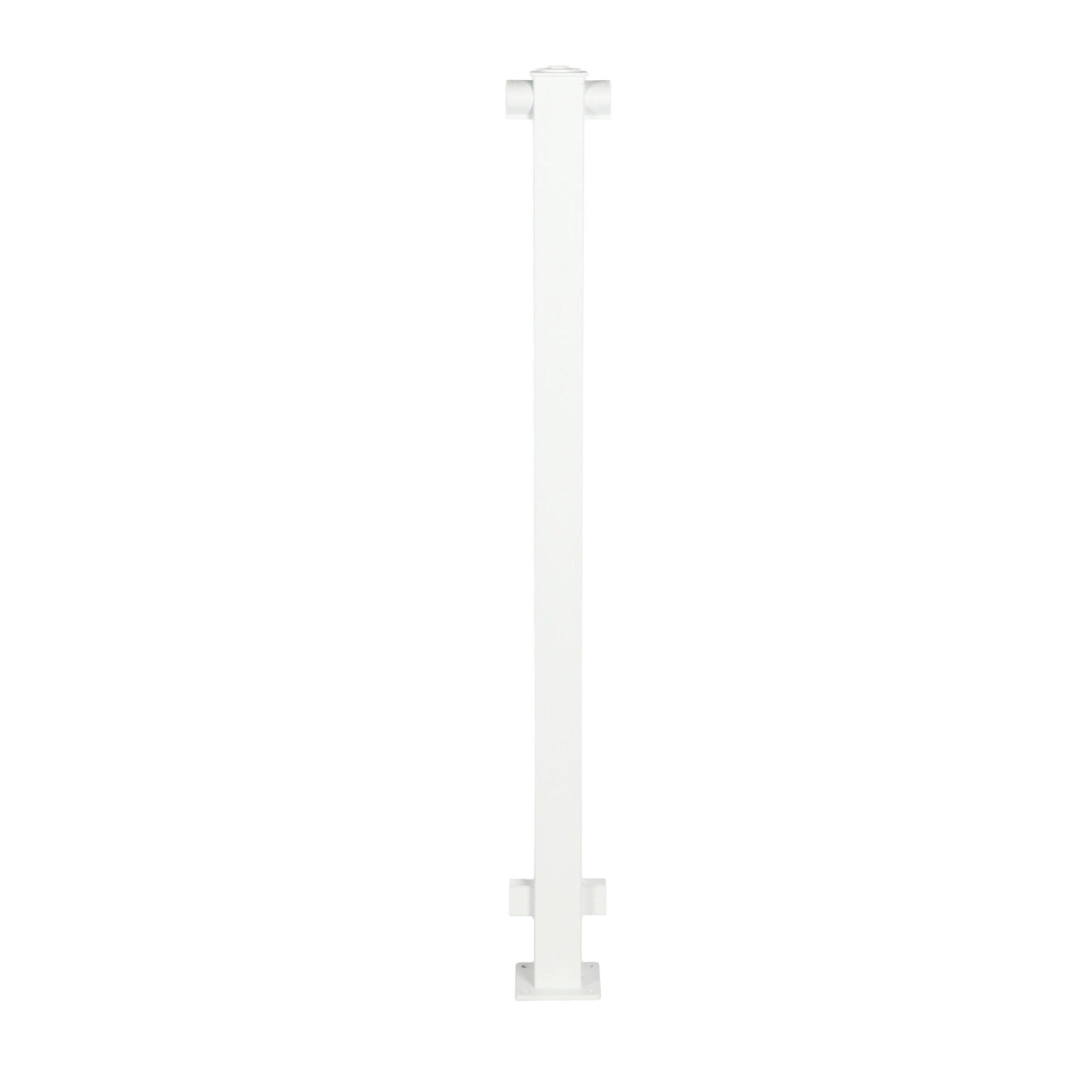 The Regal Urban Rail Line Post, Textured White (42") by Regal Rail, a tall, narrow post with flat square ends and two pairs of brackets, designed for aluminum railing systems, stands upright against a plain white background.