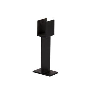 The Regal Urban Rail Support Leg by Regal Rail features a textured black, corrosion-resistant metal design with a rectangular base and tall upright ending in a U-shaped slot, shown isolated on a white background.