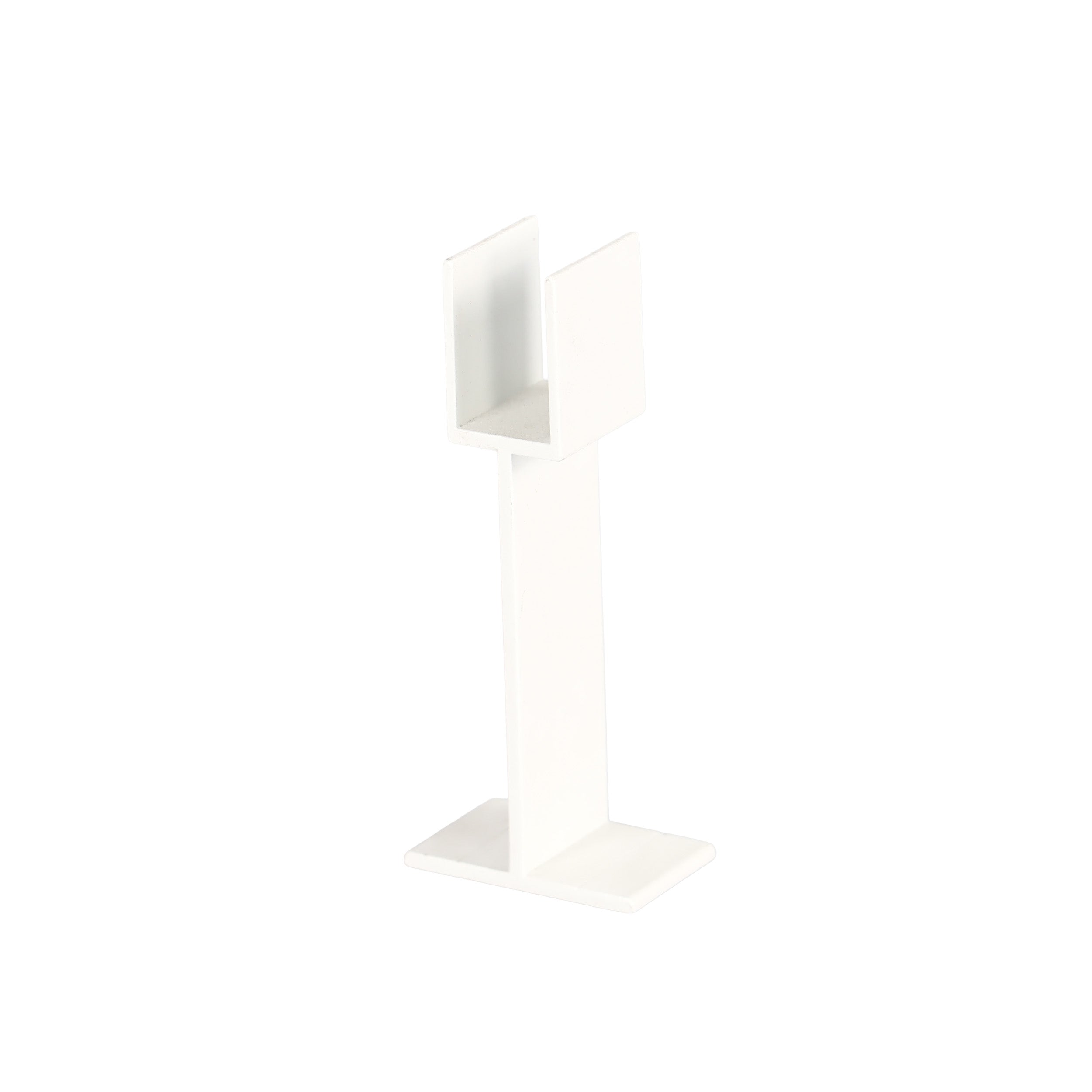The Regal Rail Urban Rail Support Leg in textured white is a vertical metal stand with a rectangular base and open U-shaped holder, designed for display and excellent corrosion resistance. The background is plain white.