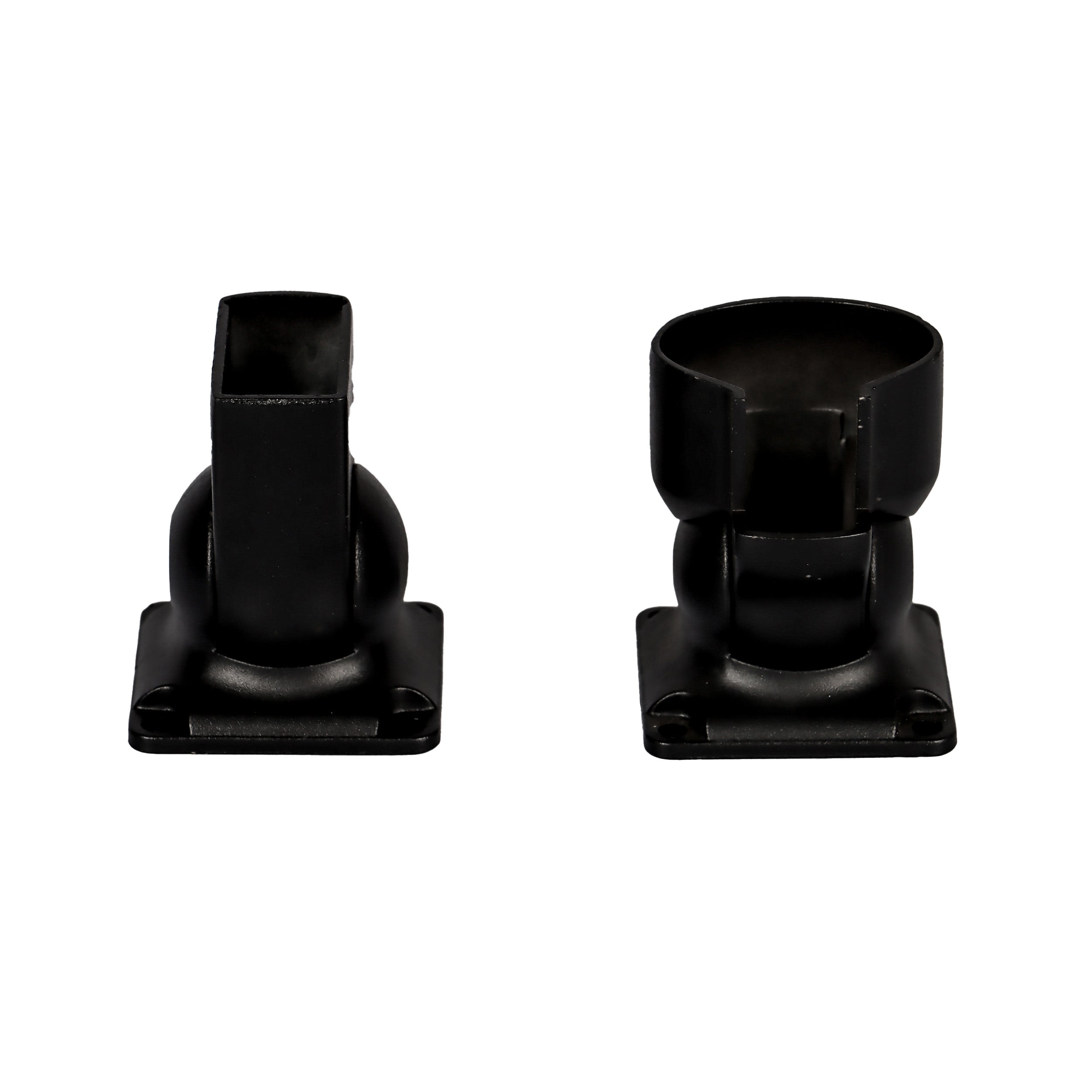 The Regal Rail Urban Rail Stair Angle Bracket Set in textured black features two black plastic brackets—one with a rectangular holder and one circular—each with a square base, displayed side by side on a white background.