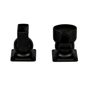 The Regal Rail Urban Rail Stair Angle Bracket Set in textured black features two black plastic brackets—one with a rectangular holder and one circular—each with a square base, displayed side by side on a white background.
