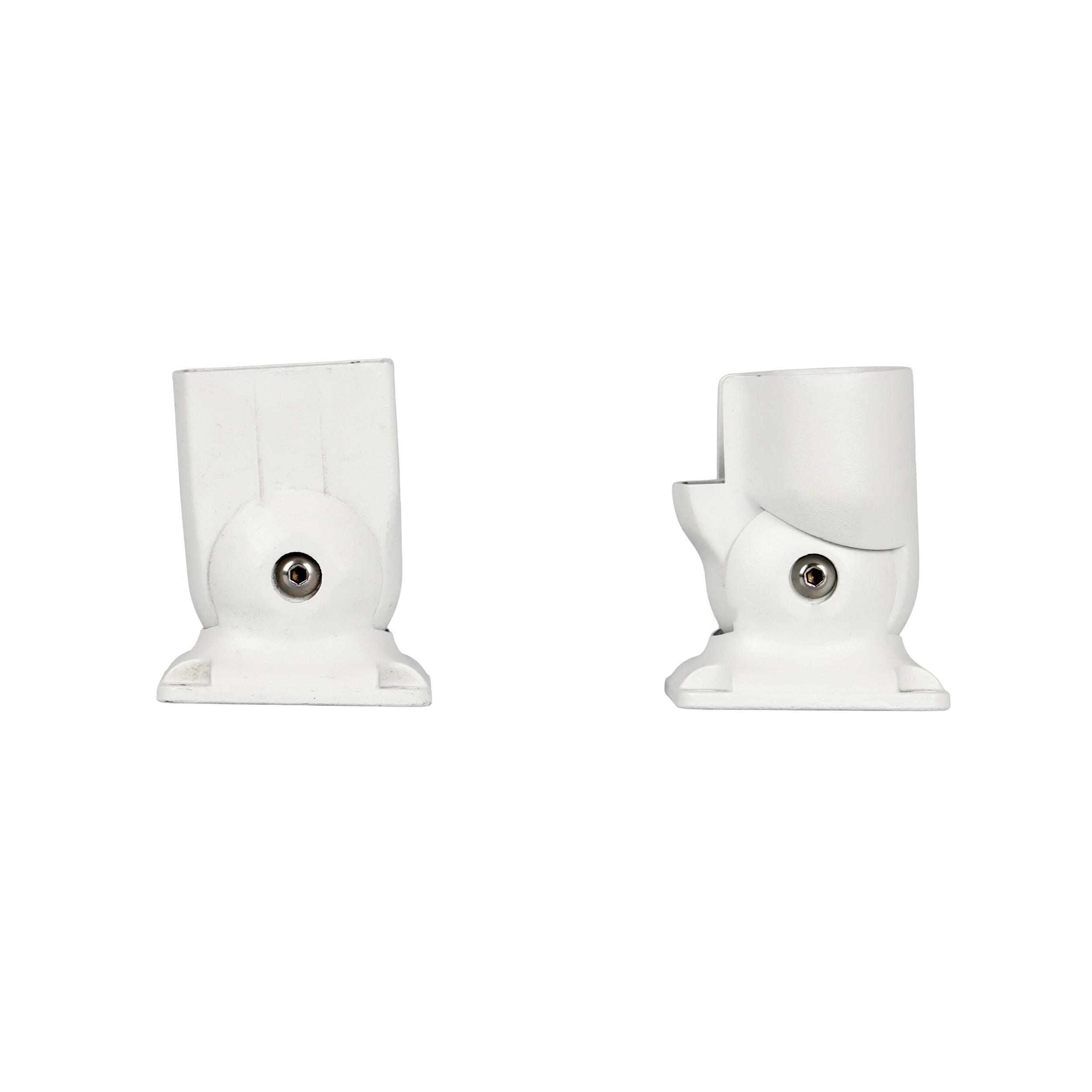 Two Regal Rail Urban Rail Stair Angle Brackets in Textured White are shown on a white background with included metal screws; the left bracket stands upright while the right leans forward.