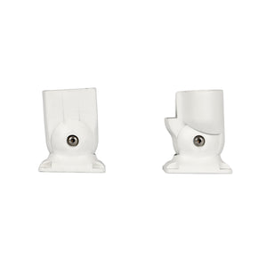 Two Regal Rail Urban Rail Stair Angle Brackets in Textured White are shown on a white background with included metal screws; the left bracket stands upright while the right leans forward.