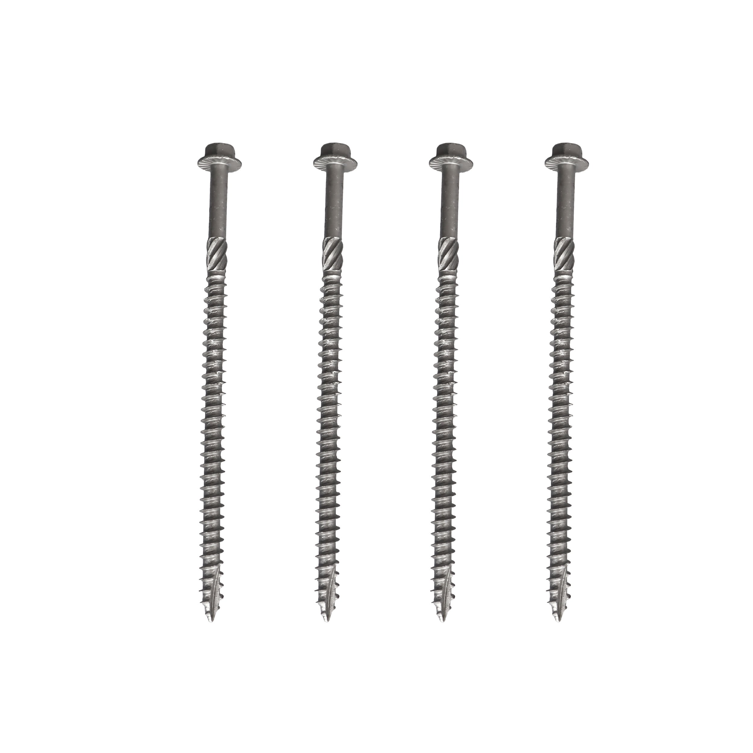 Four Regal Rail Urban Rail 6" Structural Lags (4 Pack) are aligned vertically on a white background, featuring spiral threads and rust protection—ideal lag screws for aluminum railing systems.