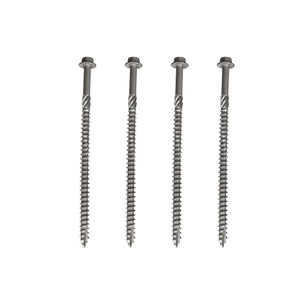 Four Regal Rail Urban Rail 6" Structural Lags (4 Pack) are aligned vertically on a white background, featuring spiral threads and rust protection—ideal lag screws for aluminum railing systems.