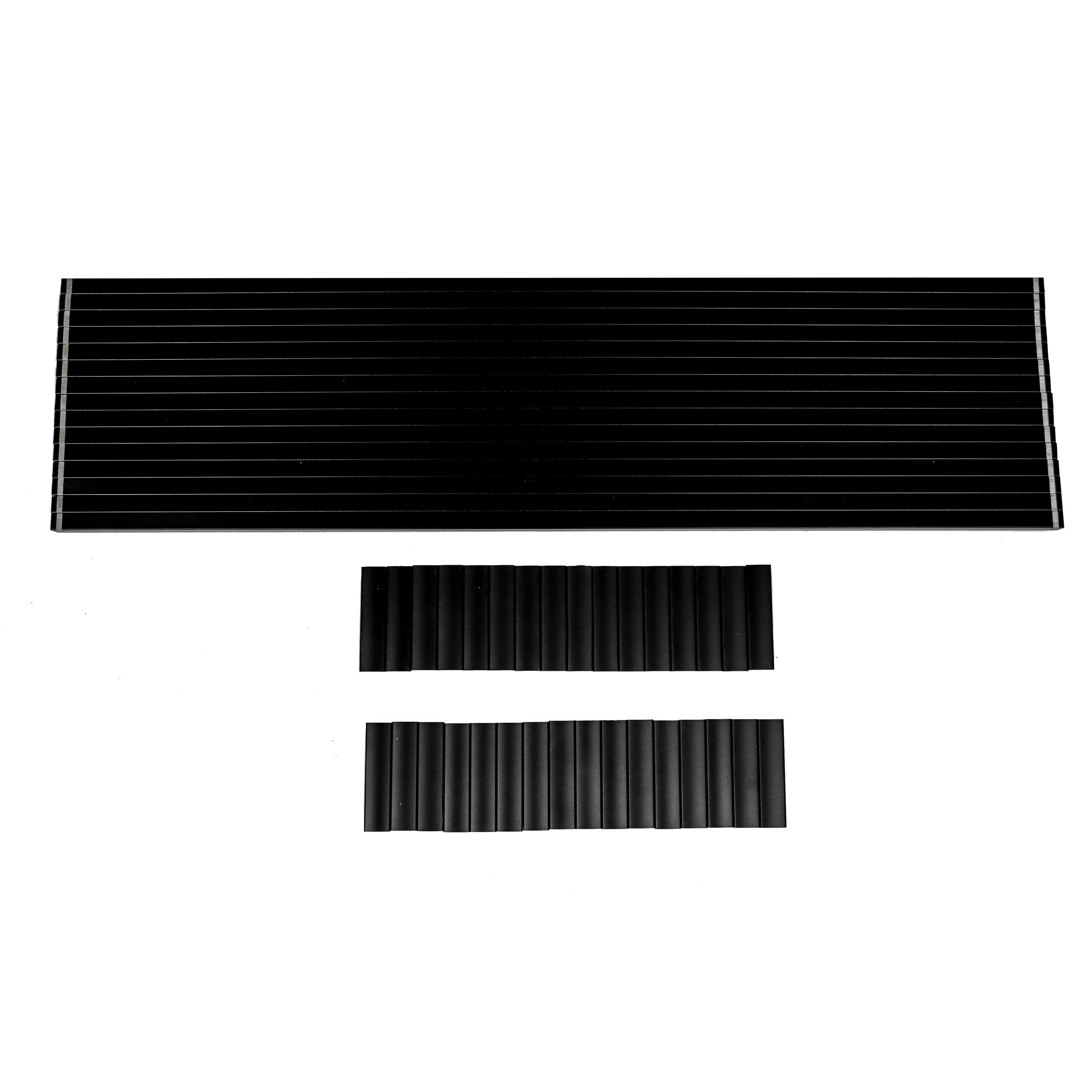 Three Regal Rail Urban Rail 6' Straight Pickets in Textured Black are shown: one large picket above two smaller ones, each featuring parallel grooves and arranged on a white background.
