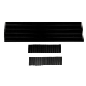 Three Regal Rail Urban Rail 6' Straight Pickets in Textured Black are shown: one large picket above two smaller ones, each featuring parallel grooves and arranged on a white background.