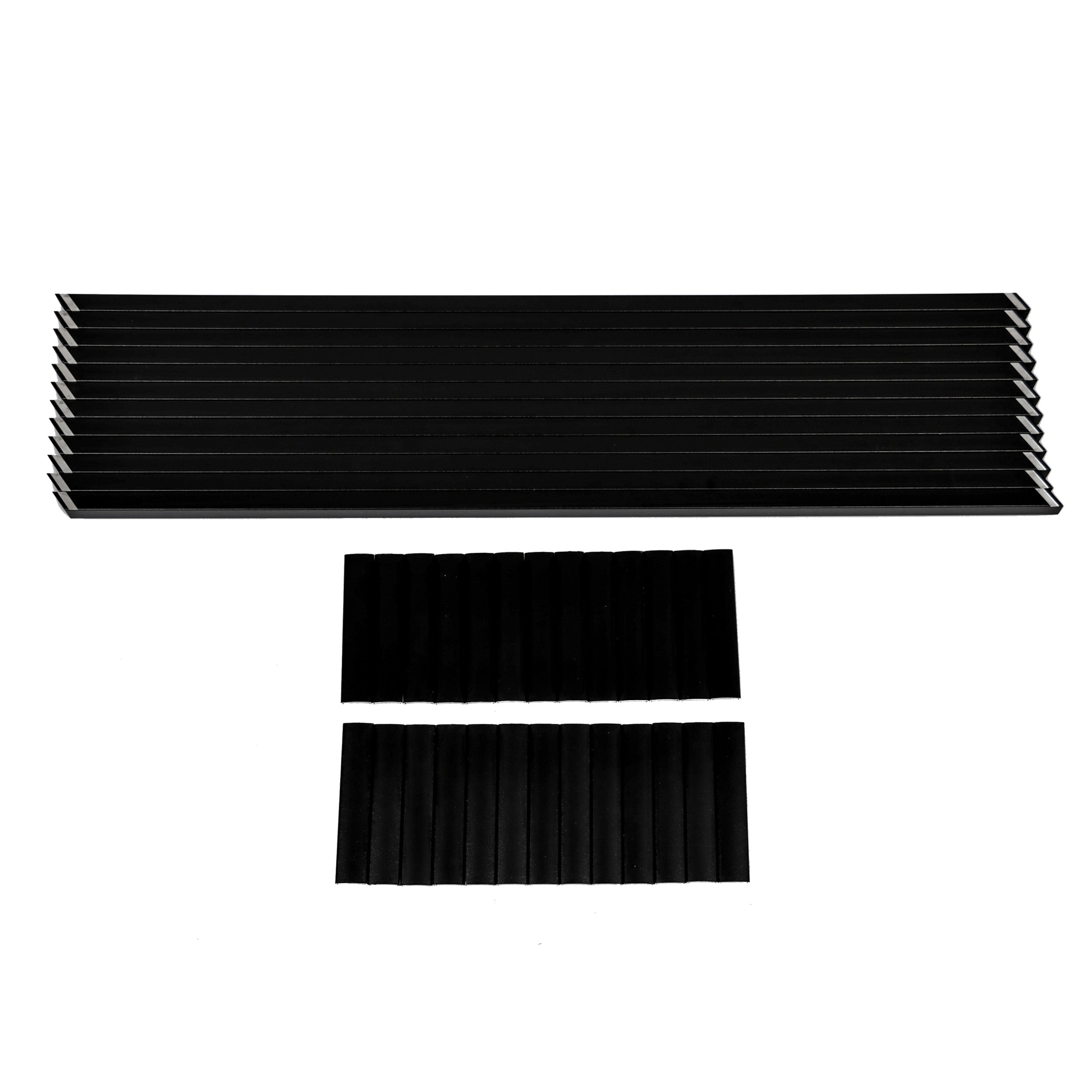 A set of Regal Rail Urban Rail 6' Stair Pickets in Textured Black, arranged in parallel rows on a white background as part of an Aluminum Railing System, with a longer row on top and two shorter rows below.