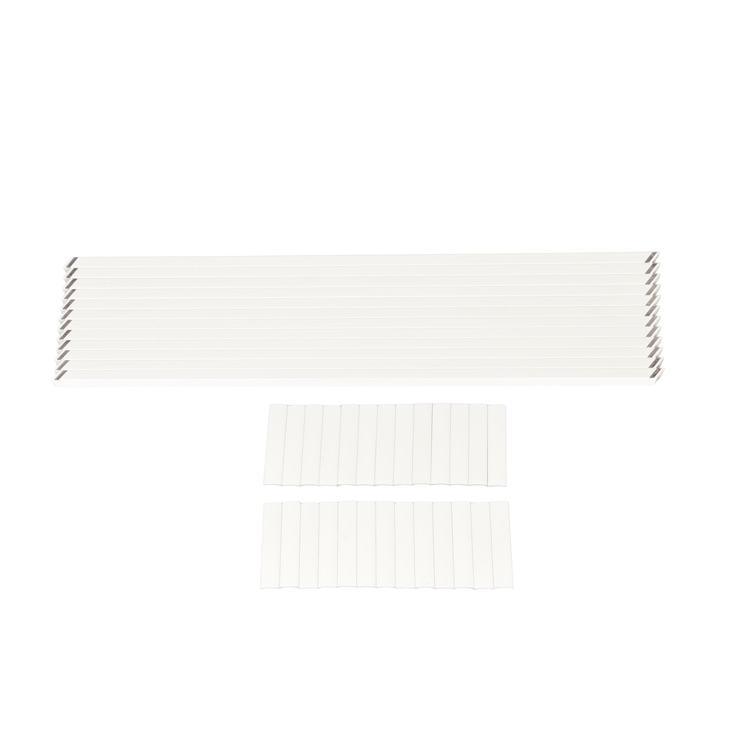 Twelve long white rectangular strips and two sets of smaller pieces, components of the Regal Rail Urban Rail 6' Stair Pickets in Textured White, are arranged on a white background.