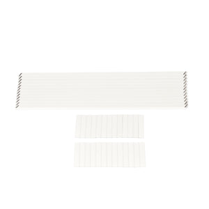 Twelve long white rectangular strips and two sets of smaller pieces, components of the Regal Rail Urban Rail 6' Stair Pickets in Textured White, are arranged on a white background.