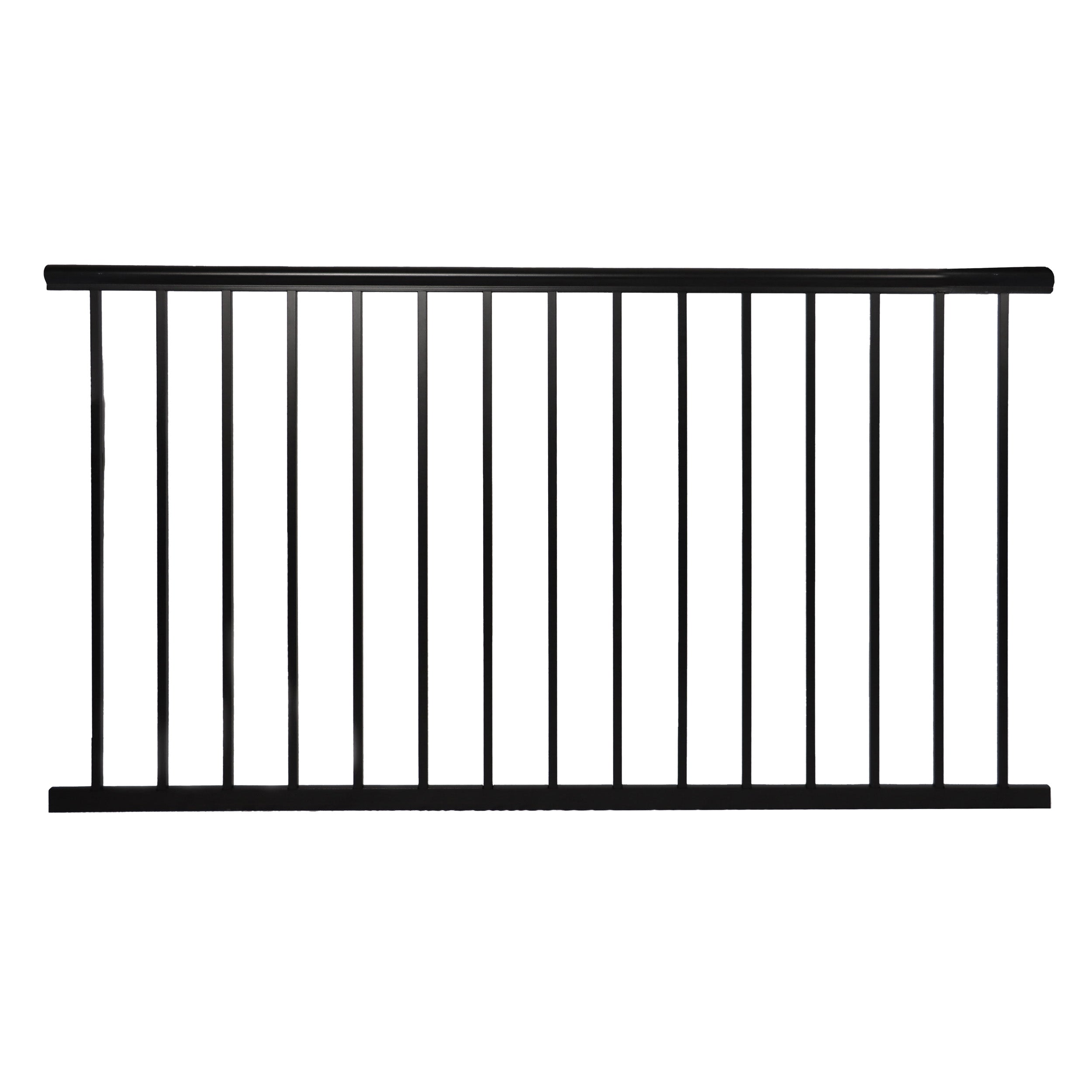 The Regal Rail Urban Rail 6' Rail & Picket Panel in textured black features evenly spaced vertical bars between top and bottom rails, combining style and corrosion resistance for secure installations.