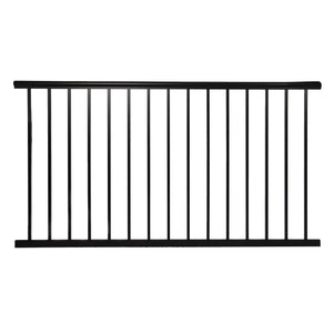 The Regal Rail Urban Rail 6' Rail & Picket Panel in textured black features evenly spaced vertical bars between top and bottom rails, combining style and corrosion resistance for secure installations.
