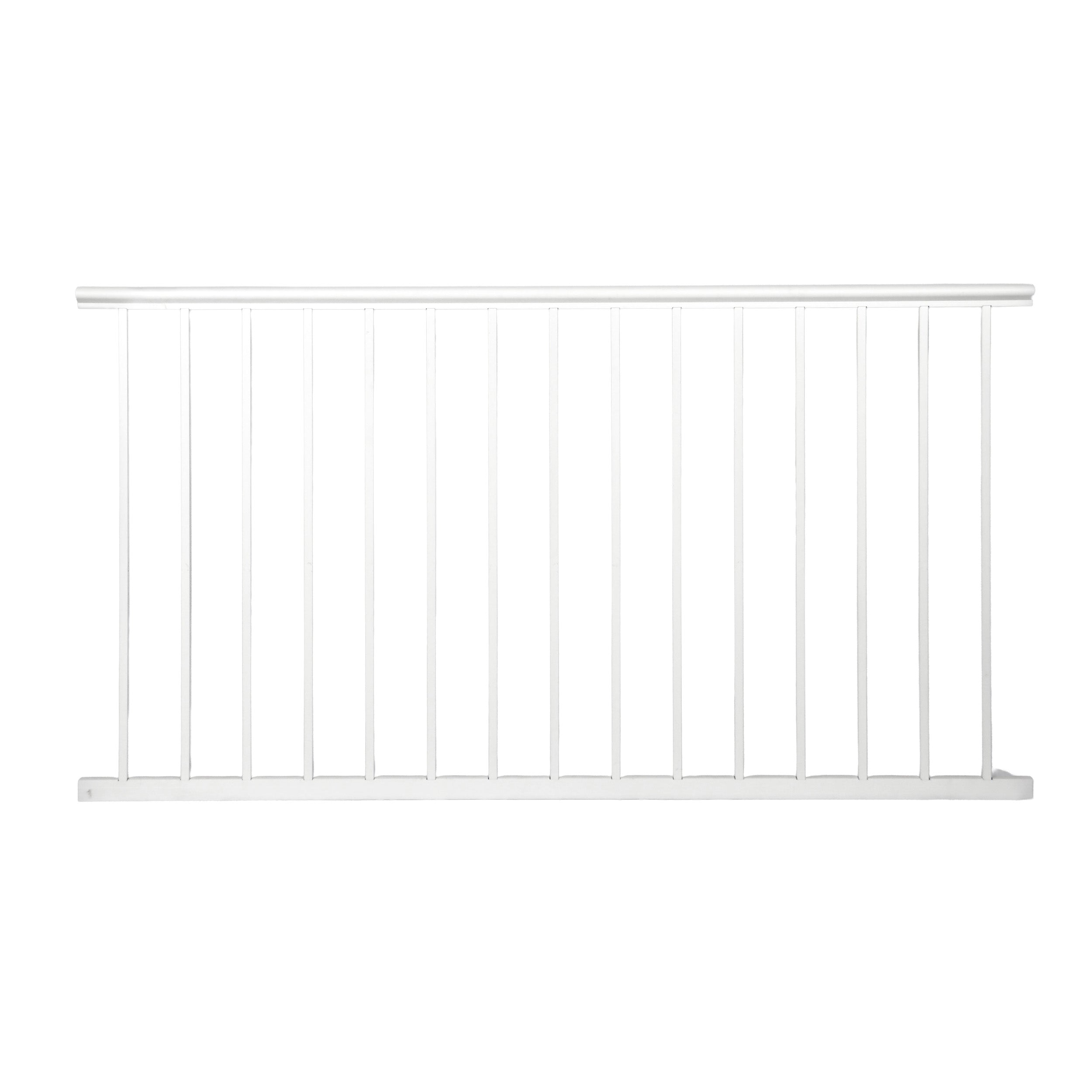 The Regal Rail Urban Rail 6' Rail & Picket Panel in textured white features corrosion-resistant aluminum with evenly spaced vertical pickets and top and bottom horizontal rails, shown against a white background.