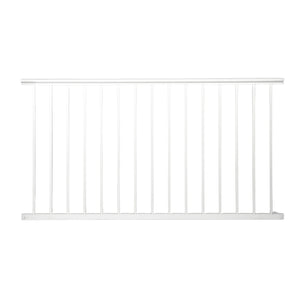 The Regal Rail Urban Rail 6' Rail & Picket Panel in textured white features corrosion-resistant aluminum with evenly spaced vertical pickets and top and bottom horizontal rails, shown against a white background.