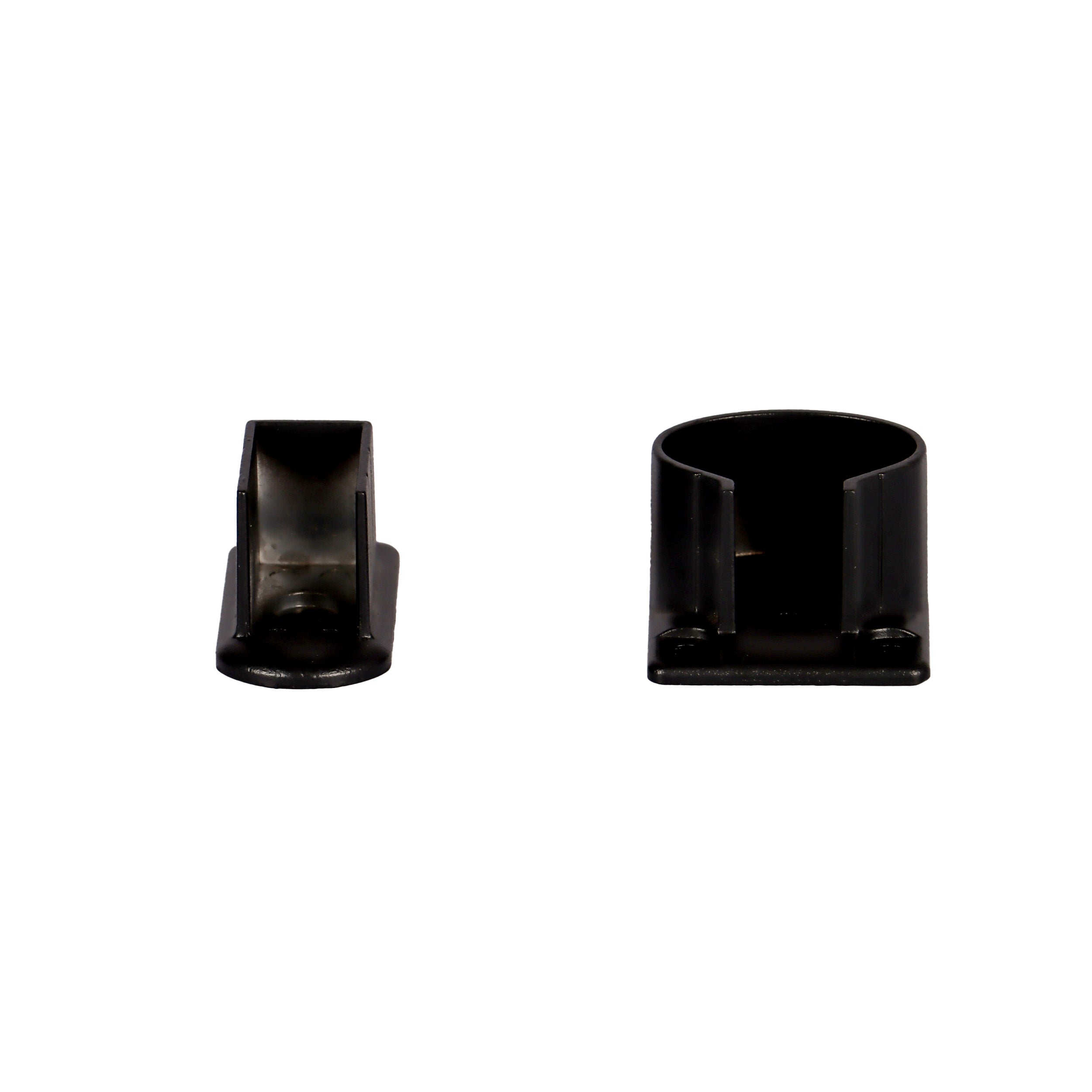 Two small Regal Rail Urban Rail Wall Bracket Set clips in textured black are shown side by side on a white background. The left clip is shorter with a slanted top, while the right is taller with a rounded, open design.