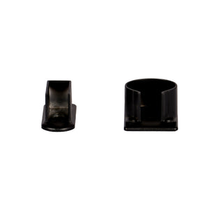 Two small Regal Rail Urban Rail Wall Bracket Set clips in textured black are shown side by side on a white background. The left clip is shorter with a slanted top, while the right is taller with a rounded, open design.