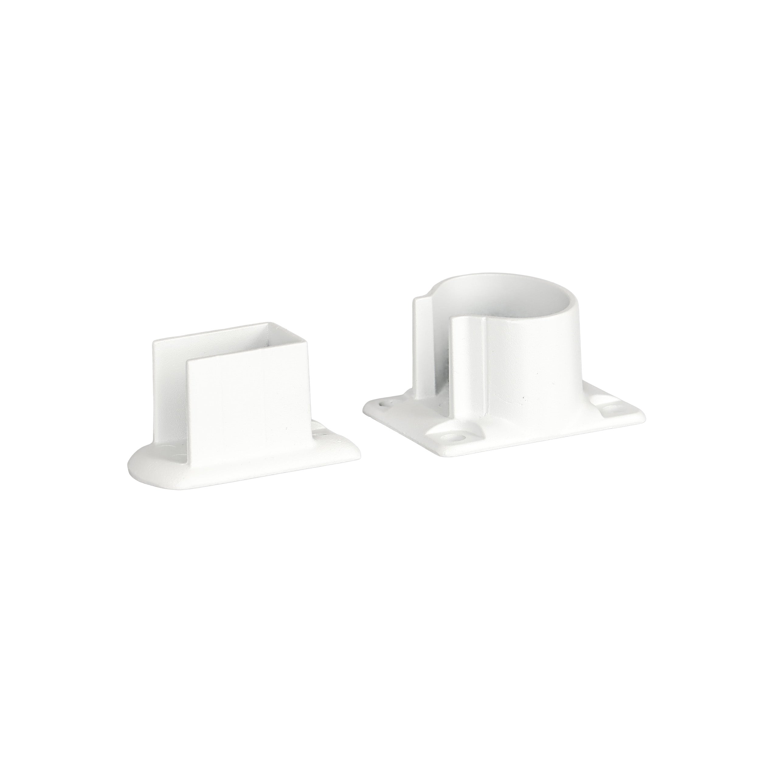 The Regal Rail Urban Rail Wall Bracket Set, Textured White, includes two corrosion-resistant plastic brackets—with flat bases, screw holes, and one rectangular plus one circular opening—designed for mounting aluminum railing systems.