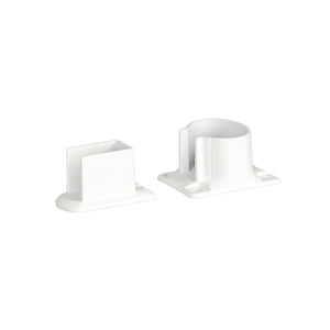 The Regal Rail Urban Rail Wall Bracket Set, Textured White, includes two corrosion-resistant plastic brackets—with flat bases, screw holes, and one rectangular plus one circular opening—designed for mounting aluminum railing systems.