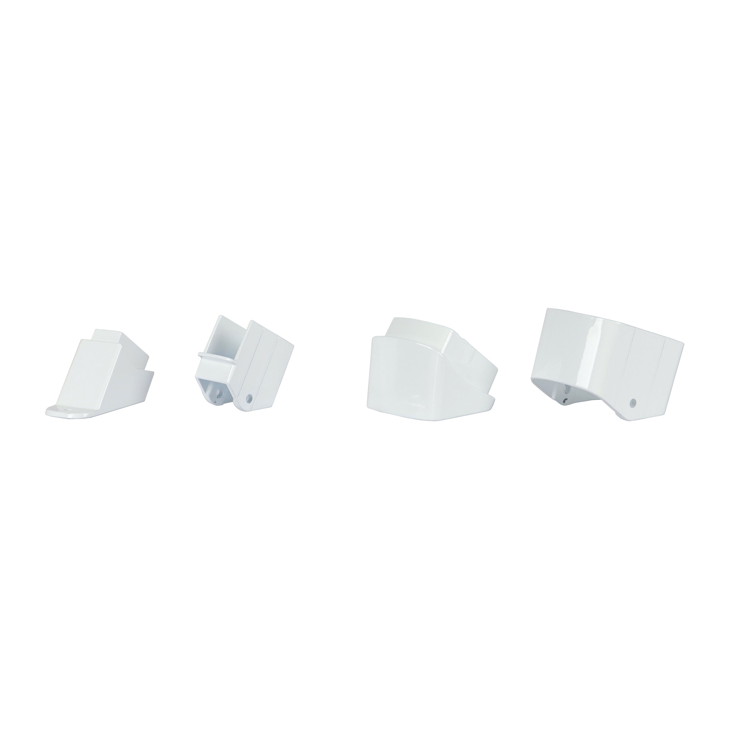 Four white Regal Rail Universal Stair Brackets from Regal Rail, in varying sizes, are lined up on a plain white background—perfect for pairing with Aluminum Railing Systems.