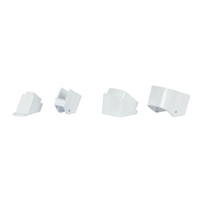 Four white Regal Rail Universal Stair Brackets from Regal Rail, in varying sizes, are lined up on a plain white background—perfect for pairing with Aluminum Railing Systems.