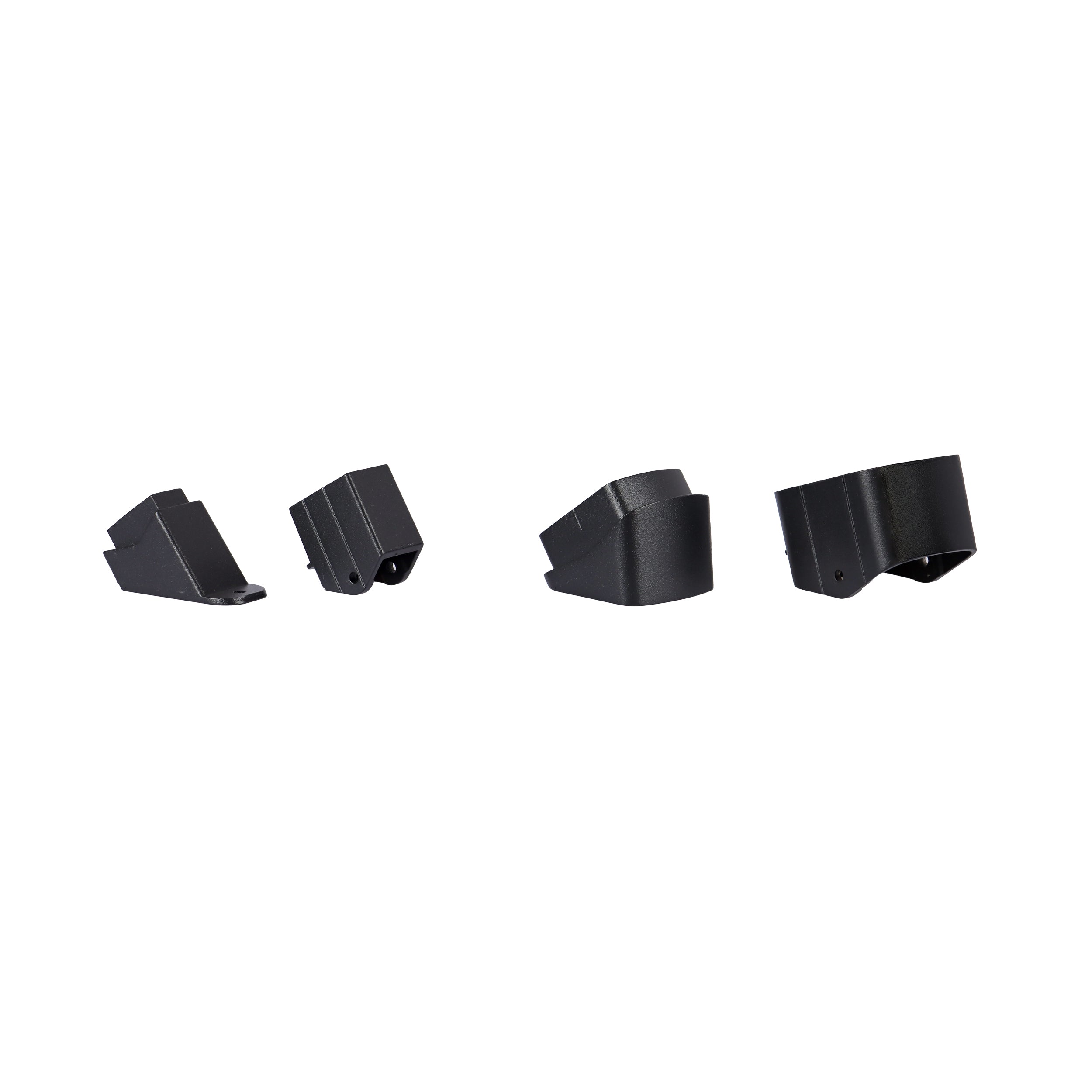 Four Regal Rail Universal Stair Brackets in textured black, each angular with open ends, are arranged in a row on a white background—ideal for aluminum railing systems or top rail support from Regal Rail.