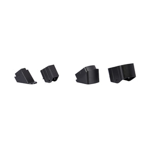 Four Regal Rail Universal Stair Brackets in textured black, each angular with open ends, are arranged in a row on a white background—ideal for aluminum railing systems or top rail support from Regal Rail.