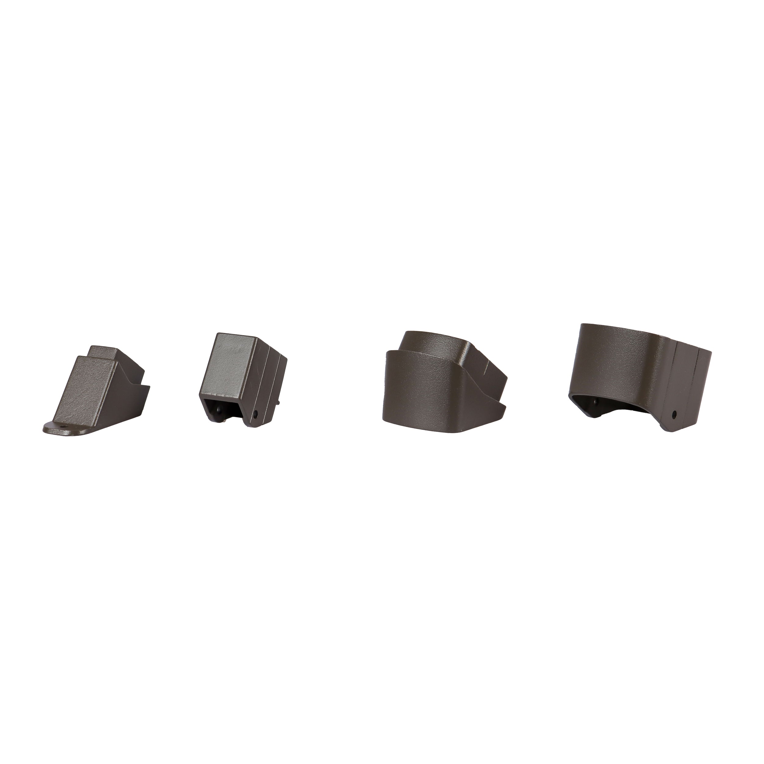 Four Regal Rail Universal Stair Bracket pieces in bronze, by Regal Rail, are shown lined up on a white background—ideal for aluminum railing systems or as versatile universal stair brackets.