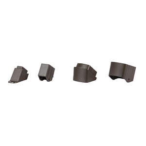 Four Regal Rail Universal Stair Bracket pieces in bronze, by Regal Rail, are shown lined up on a white background—ideal for aluminum railing systems or as versatile universal stair brackets.