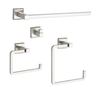 Set of stainless steel bathroom fixtures including a towel bar, toilet paper holder, and towel ring on a white background.