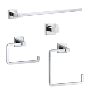 Set of chrome bathroom fixtures including a towel bar, toilet paper holder, and towel ring on a white background.