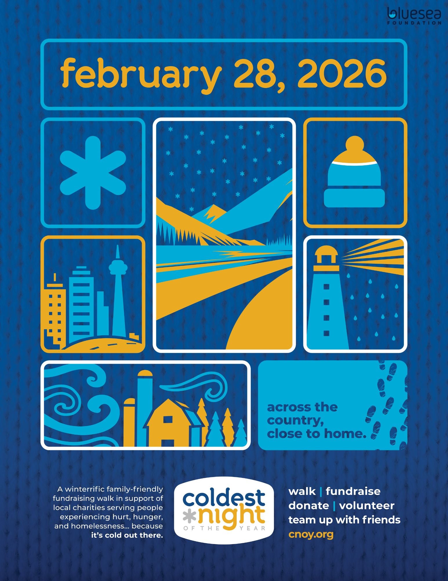Poster for Coldest Night of the Year on February 28, 2026, featuring winter-themed icons and scenes, event details, and a call to walk, fundraise, donate, volunteer, and support local charities at cnoy.org.
