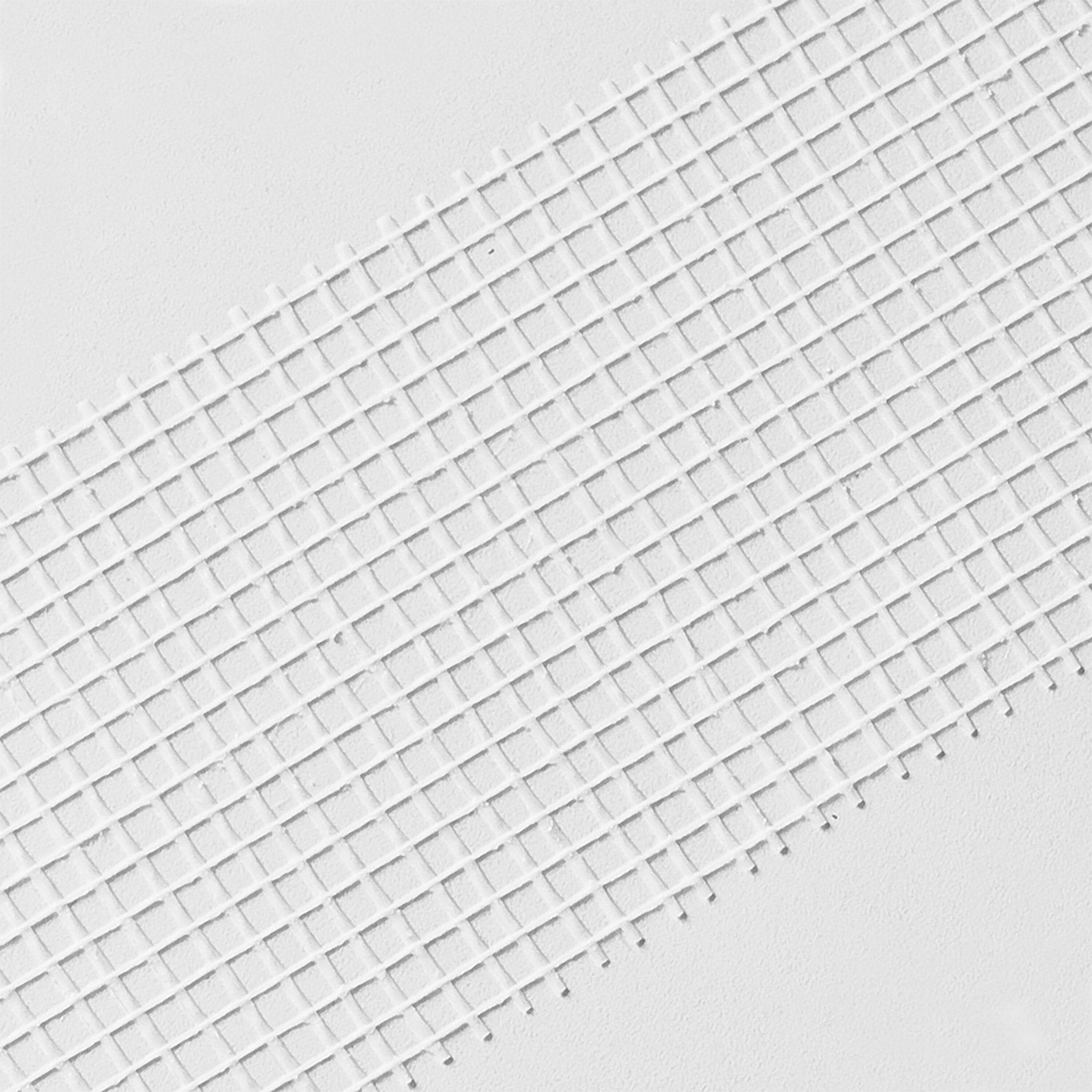 A close-up of Saint-Gobain Adfors 48mm X 500' Fibatape Joint Tape, white, shows its diagonal fiberglass mesh pattern of small squares against a textured background, ideal for drywall repair.