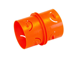 Orange plastic tube with circular cutouts on a white background