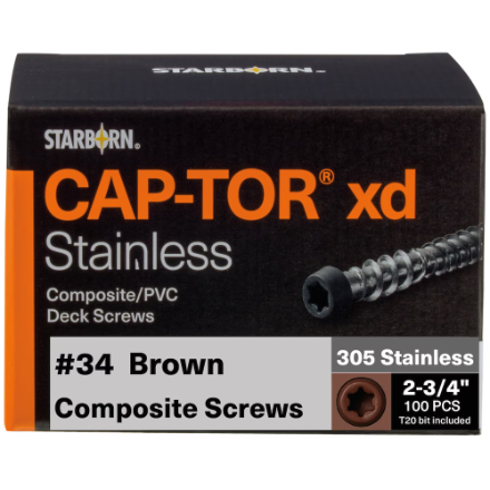 2-3/4" Starborn CAP-TOR #10 Stainless Steel Screws, Brown #34 (100 Pieces)