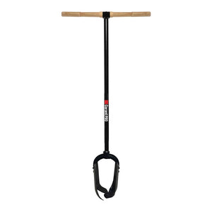 Garant Inc Post Hole Digger with a T-shaped wooden handle and a black steel digging blade shaft featuring two hinged blades at the bottom.