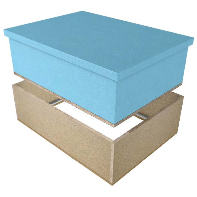 The Can-save ThermoShield R50 Attic Hatch, a blue rectangular insulated box with a lid, floats above an open brown rectangular frame—attic hatch style—on a white background.