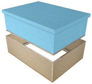 The Can-save ThermoShield R50 Attic Hatch, a blue rectangular insulated box with a lid, floats above an open brown rectangular frame—attic hatch style—on a white background.