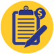 A blue clipboard with a lined paper and a pencil icon is shown on a yellow circle background. A dollar sign in a blue circle appears near the top right of the clipboard.