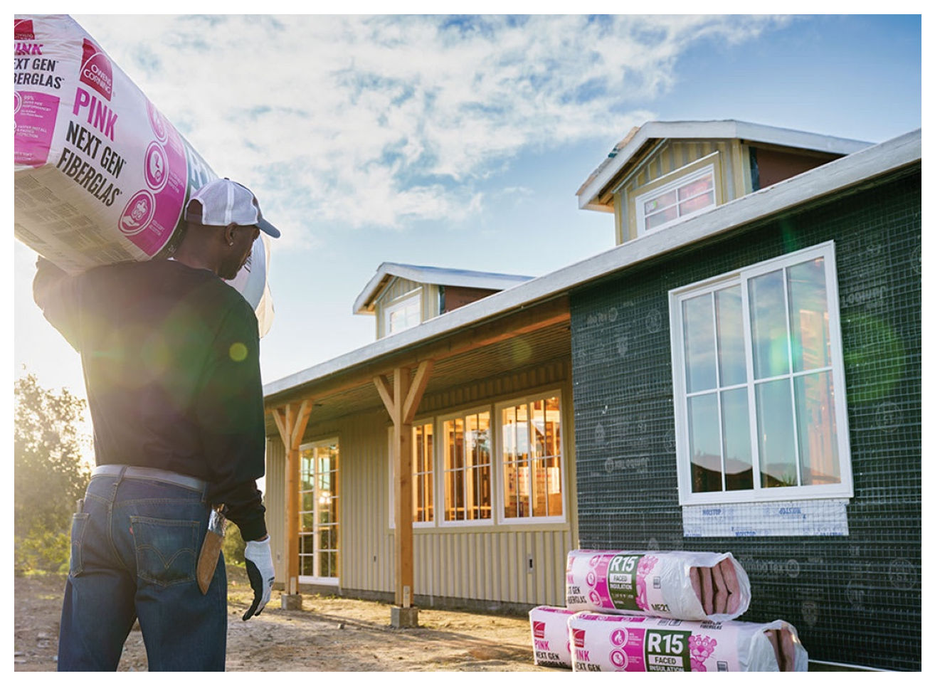 A contractor carrying insulation toward a new construction