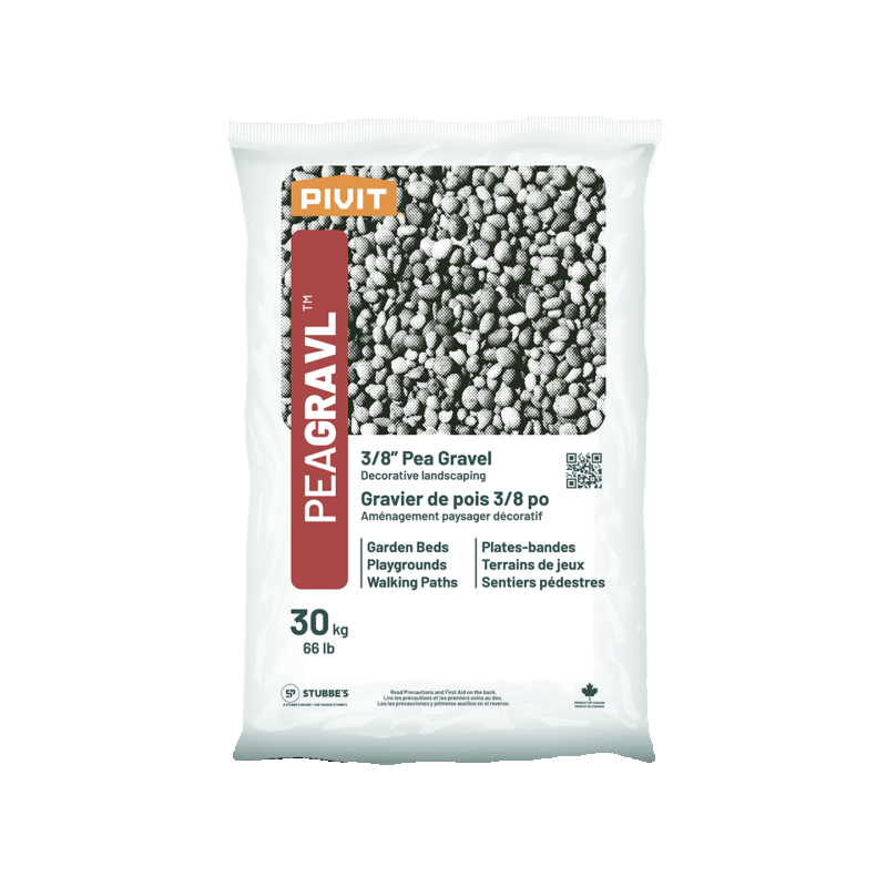A white 30 kg bag of Stubbe’s Pivot 3/8″ Pea Gravel for decorative landscaping, featuring images of gravel and text highlighting its versatile uses as an attractive ground cover in gardens, playgrounds, and walking paths. This premium landscape stone is ideal for enhancing outdoor spaces with both functionality and beauty.